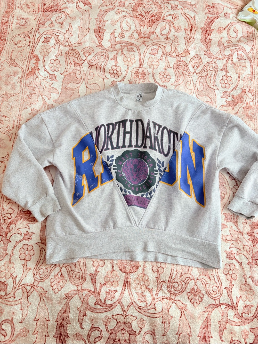 BDG Grey North Dakota Graphic Crewneck with Blue & Gold Accents